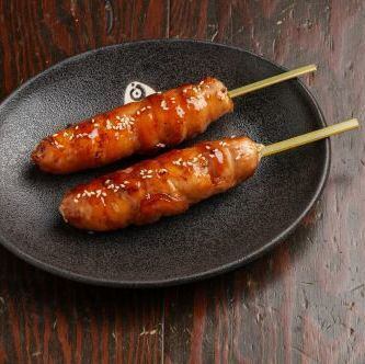 Meat-wrapped rice ball skewers