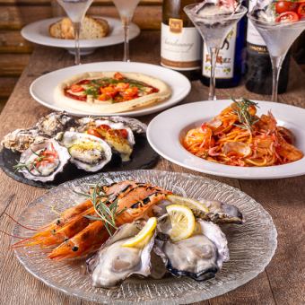 【海老と牡蠣Wメインコース】新鮮な海老と牡蠣を両方楽しめる♪《全7品＋3時間飲み放題付》