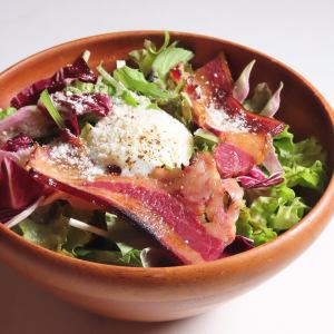 Caesar salad with roasted horse bacon and soft-boiled egg