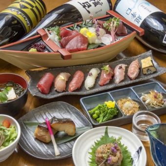 【おススメ♪】鮮魚のお造り、寿司8貫、季節の一品など～全9品3,000 ＋1,500円で90分飲み放題付