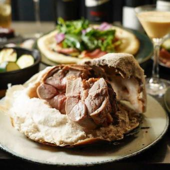 歓迎会に！【2時間飲放題付！】メインは仔牛の塊肉塩釜焼き！石窯料理フルコース　4000円(税込)
