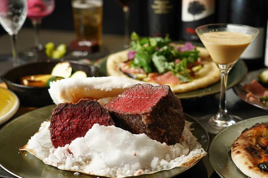 歓迎会に！【2時間飲放題付】メインはアンガス牛塊肉塩釜焼！石窯料理フルコース　5,000円(税込)