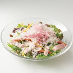 Caesar salad with shaved kamaboko and bacon