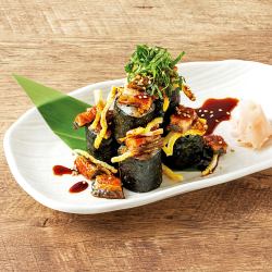 Thin eel roll with overflowing eel