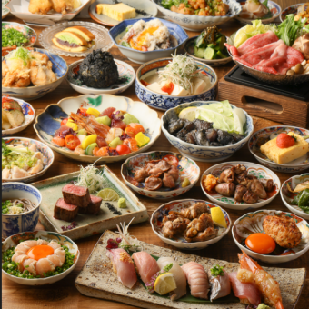 {仅限食物} 工作日无限量供应★烤鸡肉串、肉类寿司、海鲜寿司、和牛牛排等 60 多种菜肴均需 3,000 日元（含税）