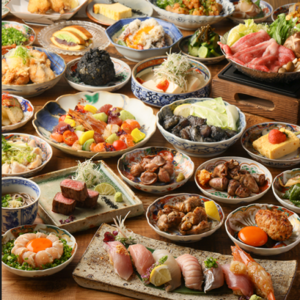 {僅限食物} 週末無限供應★烤雞肉串、肉類壽司、海鮮壽司、和牛排等 60 多種菜餚 4,000 日元（含稅）