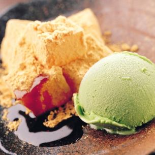 Warabi mochi with brown sugar syrup and matcha ice cream