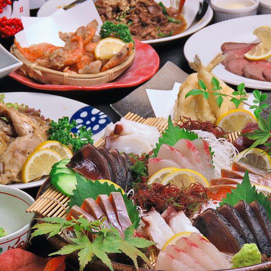 新年派对的完美之选！【特制套餐含生啤】5500日元！三种刺身和博多和牛牛醺醺火锅。