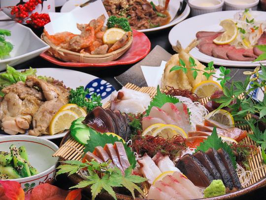 新年派对的完美之选！【特制套餐含生啤】5500日元！三种刺身和博多和牛牛醺醺火锅。