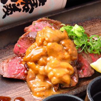 [Charcoal-grilled beef with truffle sauce, topped with sea urchin, and 3 types of sashimi] and other 9 dishes + 120-minute all-you-can-drink course for 4,500 yen (tax included)