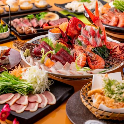 お造り3種盛・牛ロースステーキ・大海老の海鮮寄せ鍋「特選コース」飲み放題2.5H含む全9品
