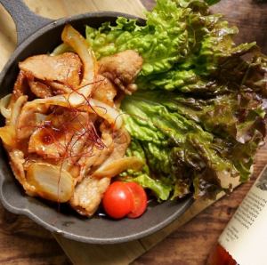 Delicious spicy sauce on pork belly and onions