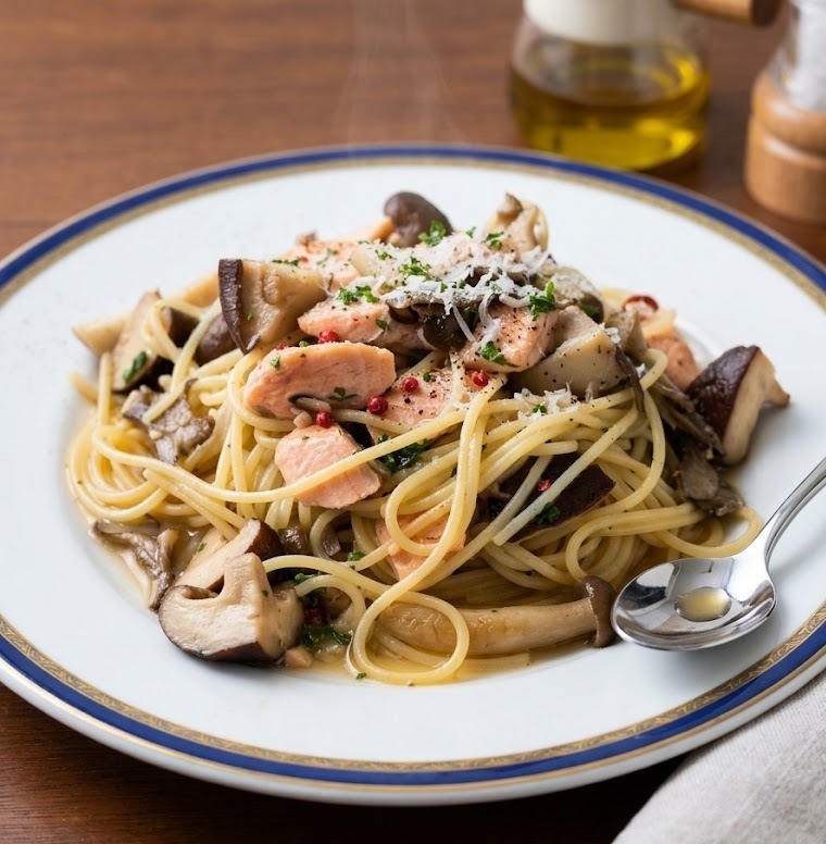 Luxurious oil-based pasta with seasonal autumn salmon and mushrooms