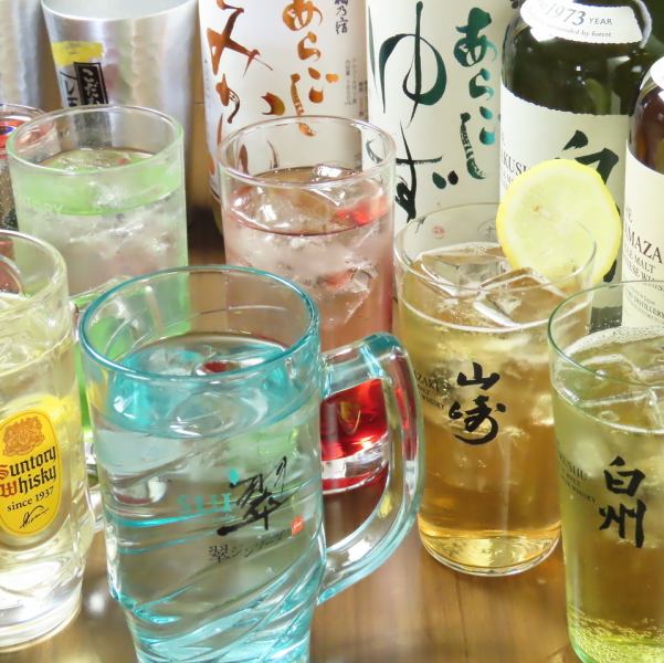 生ビールはもちろん。こだわりウイスキー（白州・山崎等）、地酒・プレミアムハイボールなどの上質なドリンクも飲み放題プランに含まれていて、上質を求める大人のお客様にも応える飲み放題内容になっております。 