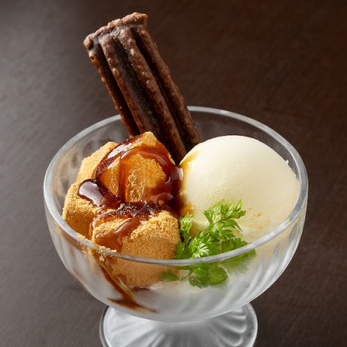 Vanilla ice cream and brown sugar syrup warabi mochi