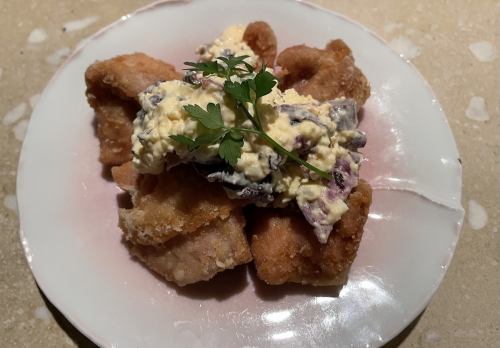 Deep fried Tanba chicken with pickled eggplant and tartar sauce