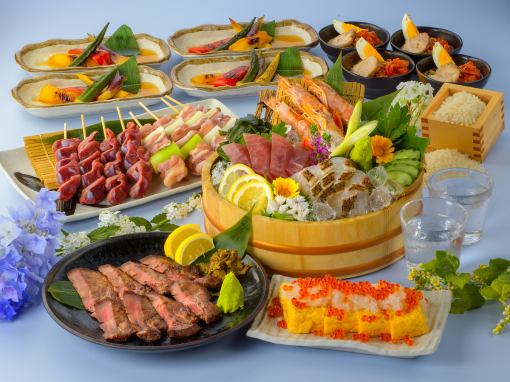 호화 ◎도호쿠 지주 15종 120분 음방 ◎선어 3점 모리 & 히다카미 소 스테이크 & 차가운 우멘 & 세이로 밥 등 전 8품 5000엔