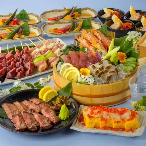 当日OK☆豪華☆東北地酒15種飲放付☆鶏屋さん刺身3点盛&日高見牛ステーキ&ちらし寿司等8品5000円