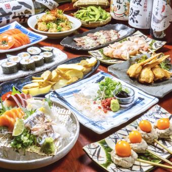 5月13日から市場直送お造り4種盛りとごま鯛と串物２種等全11品120分[飲放]5500円税込