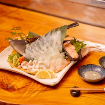 広島牛ステーキとしゃぶしゃぶ・皮ハギ姿造《120分プレミアム飲放付》8.500円（全8品）