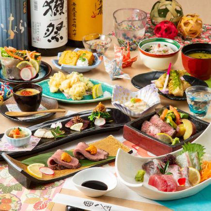 <Luxury> Tuna medium-fatty sashimi, seasonal tempura, Kyushu Kuroge Wagyu beef ◇ Nabe no Yutsugekka course ◇ 3 hours luxury all-you-can-drink