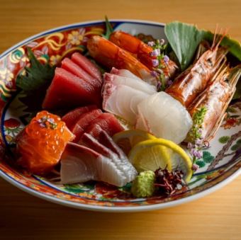 【飲み放題付き】全14品7000円 「鮮魚あて巻き/大海老炭火焼き/鮮魚5種コース」※日~木6500円※