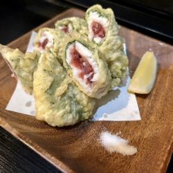 Deep-fried Naruto sea bream with plum and shiso leaves