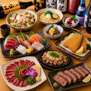 ■3H生付飲み放題『楓コース』旬の刺身5種盛りや厚切り牛タン塩焼き等<全9品>6000円⇒5000円