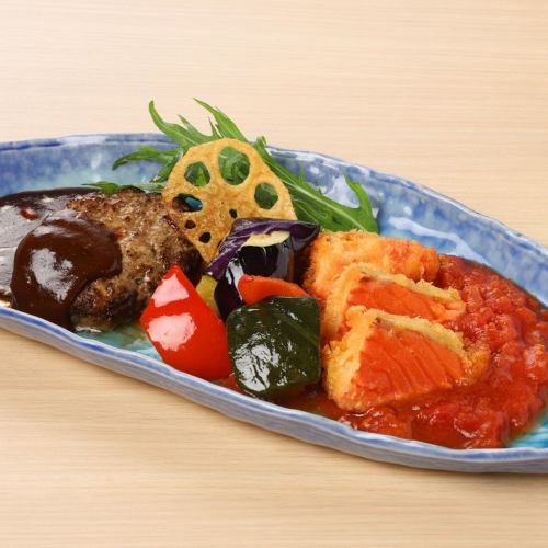キングサーモンレアカツ ピリ辛トマトソースとデミハンバーグセット