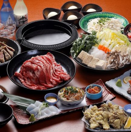 All-you-can-drink for 3 hours every day of the week ☆ Domestic beef sukiyaki, 3 kinds of sashimi, fried flounder, and 8 other dishes in the "Kamitsuke Course"