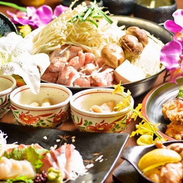 各種ご宴会に♪地鶏出汁鍋、自家製チキン南蛮等全9品◆生ビール含む月～木日祝3時間/金土2時間飲放付5000円