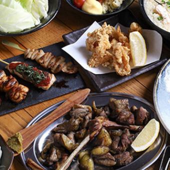 宮崎地鶏のもも焼きや店主厳選串5本や焼きおにぎりスープ茶漬け等120分飲み放題4500円(税込)