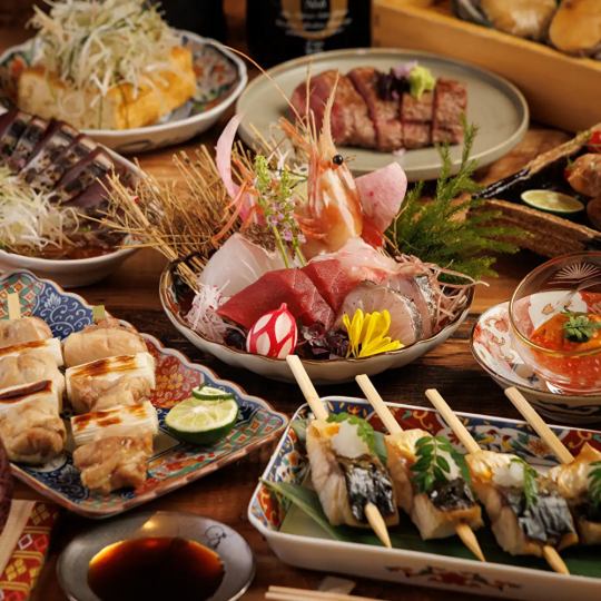 [2 hours all-you-can-drink] Assorted freshly caught seasonal fish sashimi x large chicken thigh skewers and other sushi restaurant specialties "Hana" 7 dishes total 5390 yen ⇒ 4500 yen