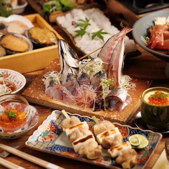 【2小时畅饮】时令鱼刺身拼盘(含整条竹荚鱼)×鸡肉料理及寿司拼盘“雅”——共8道菜——¥5980 ⇒ ¥5000