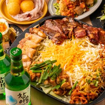 3 hours all-you-can-drink included ★ 6 dishes in total, delicious and spicy! Cheese dak galbi dumplings or samgyeopsal etc. Luxury Korean course 4000 yen