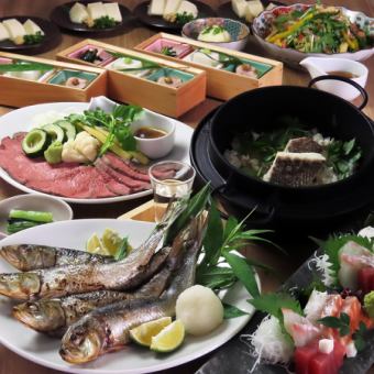 A 6,000 yen (tax included) course with 8 dishes including sea bream rice cooked in a Nambu ironware and large tuna with all-you-can-drink