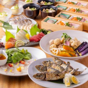 名物大トロイワシの原始焼きや旬のお造り等全8品飲み放題付き　6,000円(税込)コース