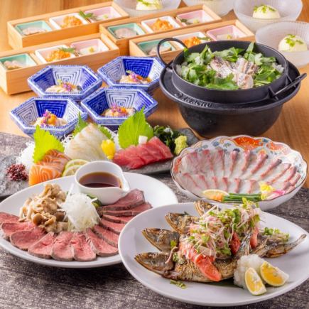 검은 털 일본소의 로스트 비프나 일품 도미 가마메시 등 음료 무제한 포함 전 8품 8,000엔(부가세 포함) 코스