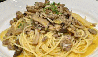 ベーコンと3種のキノコスパゲッティ