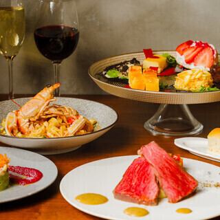 尊享晚餐套餐：5道開胃菜 + 2種義麵 + 鹿兒島黑牛烤肉 + 甜點 + 咖啡或茶