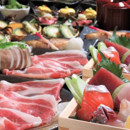 【精品套餐】严选生鱼片3种、纯白比安卡、蒸时令蔬菜等8道菜品、2小时无限畅饮6000日元→5500日元