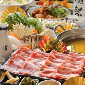 [Nabe] Domestic Wagyu beef & pork shabu-shabu, straw-grilled bonito, 5 kinds of sashimi "Amber hot pot course" 3 hours all-you-can-drink included
