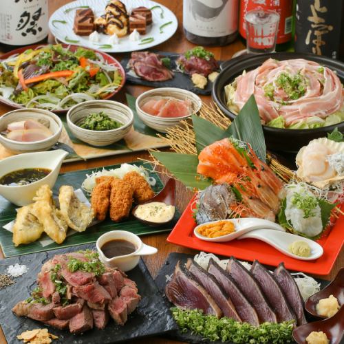 新年会に♪3時間飲み放題付！藁焼き牛カルビ、お造り5種盛り、うにく寿司など豪華料理満載『琥珀コース』