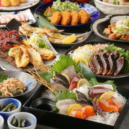 真鯛藁焼き、海鮮ちらし、牡蠣の天麩羅『お魚贅沢コース』日本酒10種含3時間飲み放題付8,000円