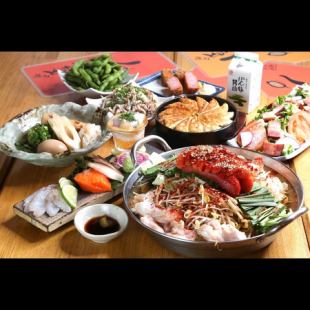 名物国産もつ鍋と鮮魚刺し盛り3種付き【博多どんたく豪華コース】〈全8品〉2h飲み放題4950円