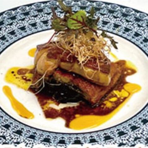 Foie gras, eel, red eggplant, balsamic and mango sauce