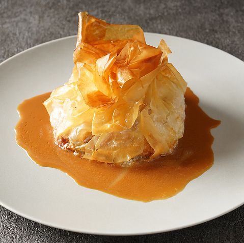 Part filo wrapped with plenty of seafood (shrimp, crab, scallops, etc.)
