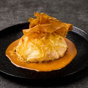 Part filo wrapped with plenty of seafood (shrimp, crab, scallops, etc.)