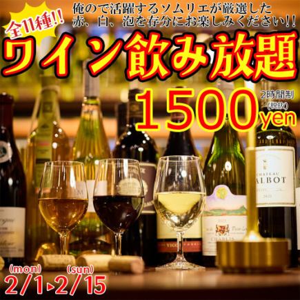 【2月1～15日限定】全11種!!ソムリエ厳選のワイン飲み放題【2H制1,500円（税込1,650円）】