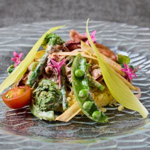 Firefly squid and spring vegetable (mountain vegetable) salad served with couscous